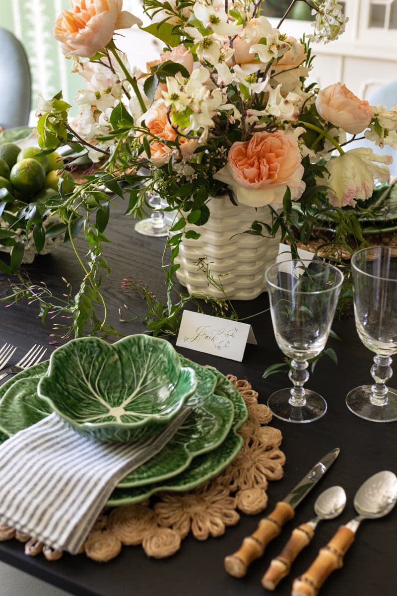 Floral arrangement on dining room table.