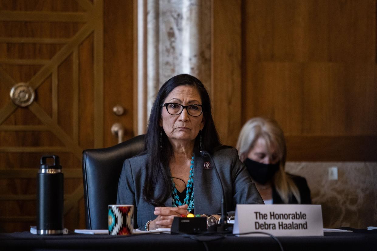 Rep. Deb Haaland (D-N.M.) speaks during the Senate Committee on Energy and Natural Resources hearing on her nomination to be interior secretary, Feb. 23, 2021. (Photo: GRAEME JENNINGS/POOL/AFP via Getty Images)