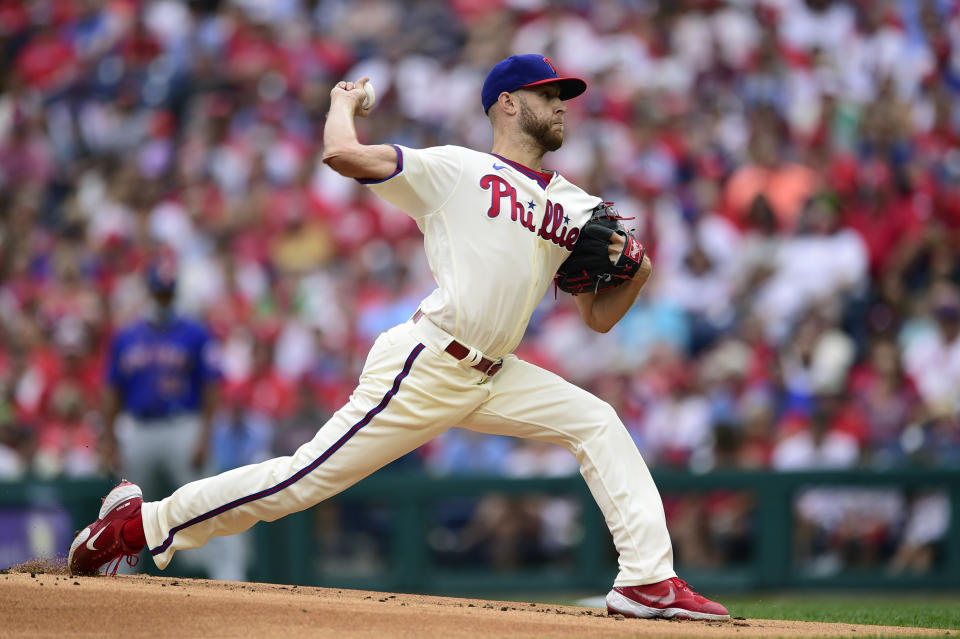 Philadelphia Phillies starting pitcher Zack Wheeler throws during the first inning of a baseball game against the New York Mets, Sunday, Aug. 8, 2021, in Philadelphia. (AP Photo/Derik Hamilton)