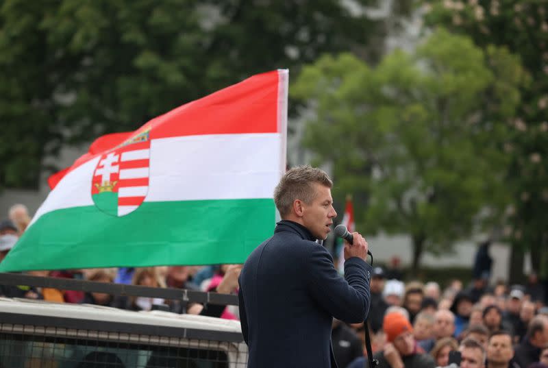 Magyar, former government insider and leader of the Respect and Freedom (TISZA) Party speaks to supporters at an EP election campaign tour in Szekszard