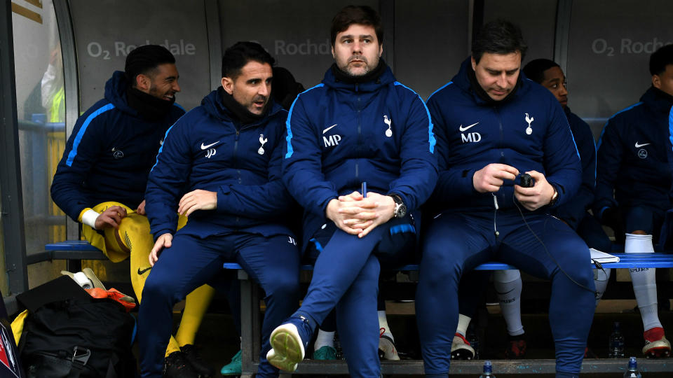 Spurs boss Mauricio Pochettino watches his side draw 2-2 with Rochdale at Spotland