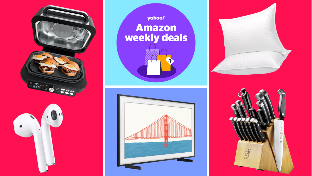 Apple AirPods, Ninja indoor grill, Samsung Frame TV, pillows, knife set and a purple circle that reads: Yahoo! Amazon weekly deals.