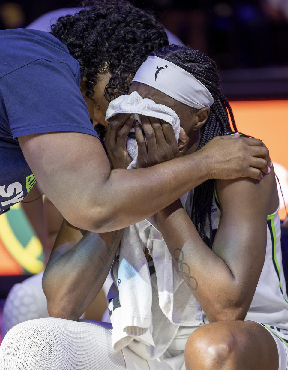 Minnesota Lynx center Sylvia Fowles cries during a tribute for her, at the team's WNBA basketball game against the Seattle Storm on Friday, Aug. 12, 2022, in Minneapolis. (Elizabeth Flores/Star Tribune via AP)