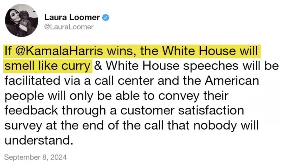 Laura Loomer Makes Racist Remark About Kamala Harris on X.