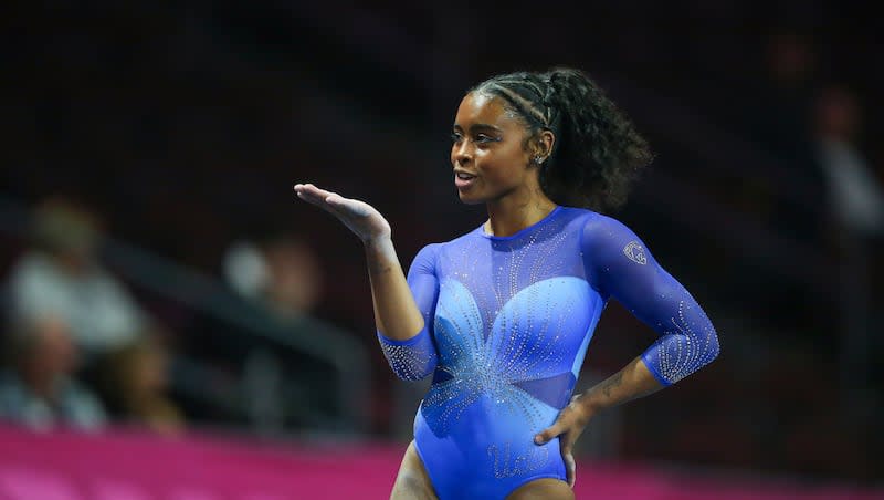 UCLA's Selena Harris competes on the floor exercise during an NCAA gymnastics meet on Saturday, Jan. 6, 2024 in Las Vegas.