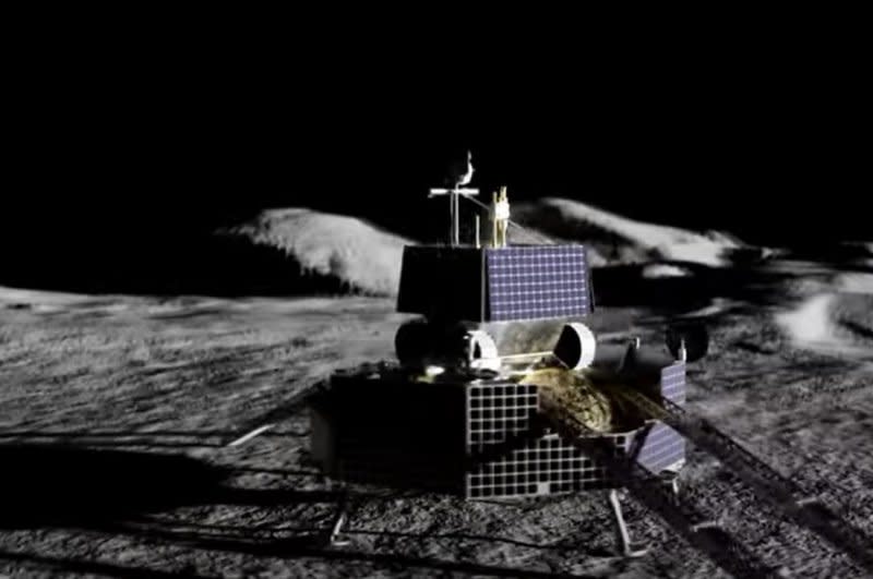 An illustration depicts NASA's Viper rover preparing to roll off the Griffin lander on the moon. Image courtesy of NASA