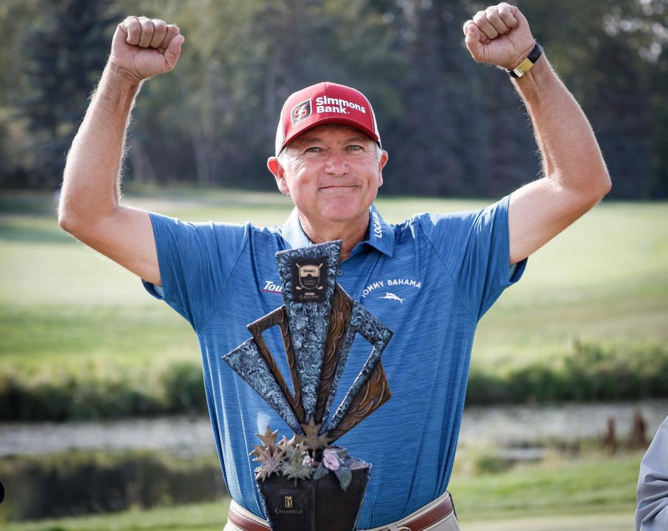 Stuart's Ken Duke celebrates his victory at the PGA Tour Champions Shaw Charity Classic in Calgary, Alberta on Sunday. (Jeff McIntosh/The Canadian Press via AP)