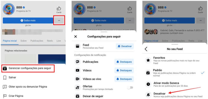 <em>Acesse a página oficial do BBB no Facebook e silencie publicações, vídeos e outras opções para não ver conteúdo relacionado (Rodrigo Folter/Captura de tela)</em>