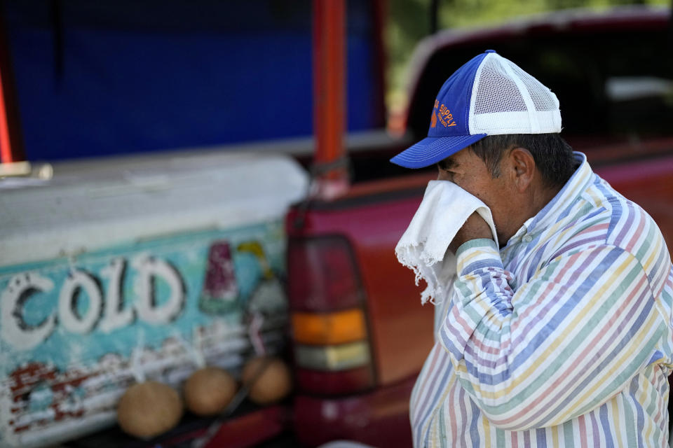 Andres Matamoros wipes the sweat from his face while selling fresh fruit and cold coconuts from his roadside stand Wednesday, June 28, 2023, in Houston. Meteorologists say scorching temperatures brought on by a heat dome have taxed the Texas power grid and threaten to bring record highs to the state. (AP Photo/David J. Phillip)