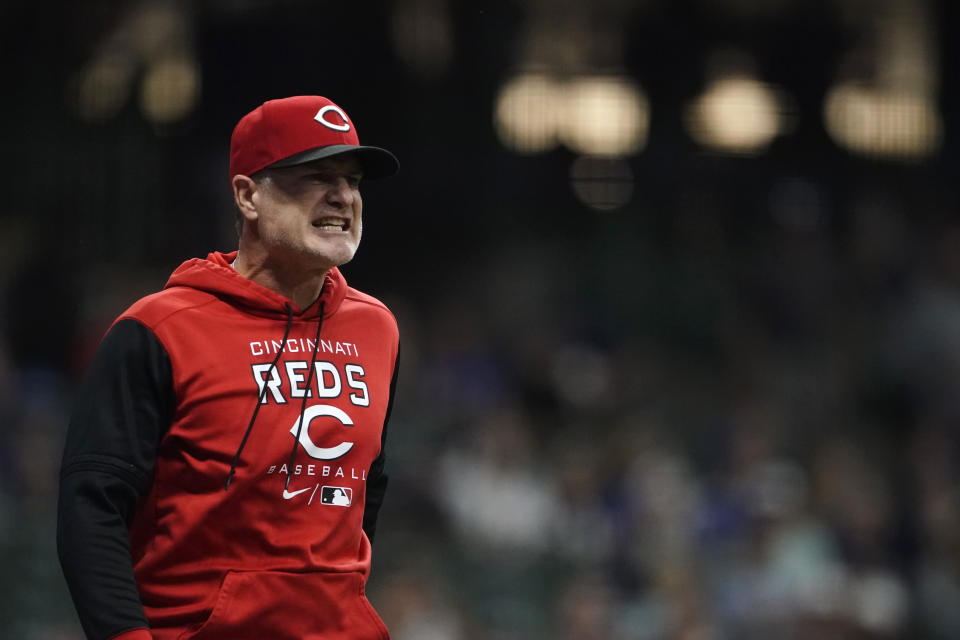 Cincinnati Reds manager David Bell yells to an umpire after being ejected during the eighth inning of the team's baseball game against the Milwaukee Brewers on Saturday, Sept. 10, 2022, in Milwaukee. (AP Photo/Aaron Gash)