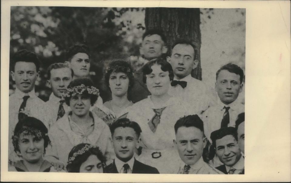 Golda Meir, shown in the center of the back row, poses with friends in the Labor Zionist movement during a picnic at Lincoln Park in Milwaukee in 1917. The man to the immediate left of Meir is her future husband, Morris Meyerson.