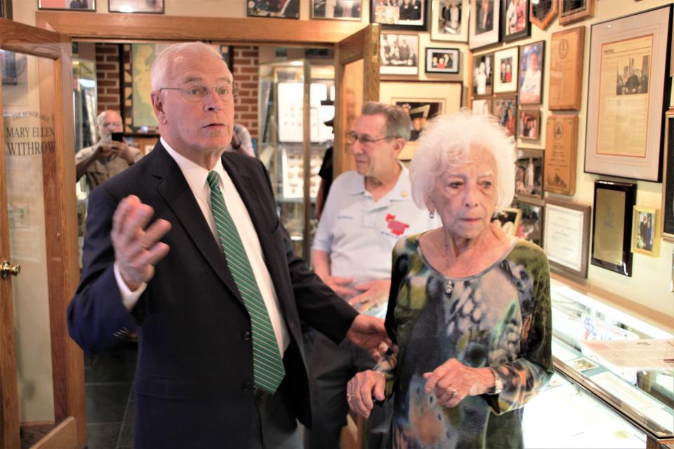 Former Ohio Gov. Ted Strickland and former U.S. Treasurer Mary Ellen Withrow look at the items in her collection at the Marion County Historical Society. The collection was unveiled for the public on Thursday, June 2, 2022.