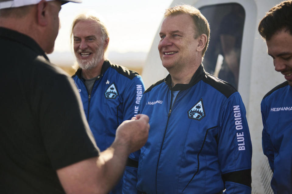 A photo provided by Blue Origin,  NS-21 (New Shepard-21), shows Hamish Harding receiving his Blue Origin astronaut pin after a successful flight to space on June 4, 2022, in Van Horn, Texas. According to Action Aviation, a company for which Harding serves as chairman, the U.K. businessman was one of those onboard a missing submersible carrying five people to view the wreckage of the Titanic that disappeared on June 18, 2023. / Credit: Felix Kunze/Blue Origin via AP