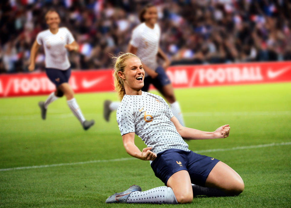 <p>The FFF away kit, white shirt and socks paired with blue shorts carries a unique hexadot pattern referencing both the country’s informal nickname (l’hexagone) and the dotted styles of French fashion. </p>