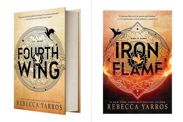 <p>Amazon (2)</p> The covers for 'Fourth Wing' and 'Iron Flame' by Rebecca Yarros