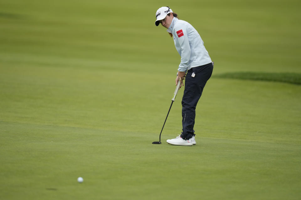 Leona Maguire, of Ireland, puts on the 14th hole during the first round of the Women's PGA Championship golf tournament, Thursday, June 22, 2023, in Springfield, N.J. (AP Photo/Seth Wenig)