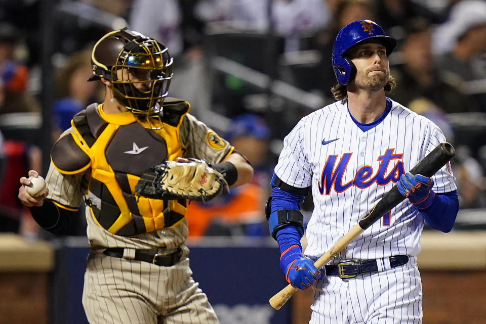 New York Mets Jeff McNeil (1) reacts after striking out against the San Diego Padres during the fifth inning of Game 3 of a National League wild-card baseball playoff series, Sunday, Oct. 9, 2022, in New York. (AP Photo/Frank Franklin II)