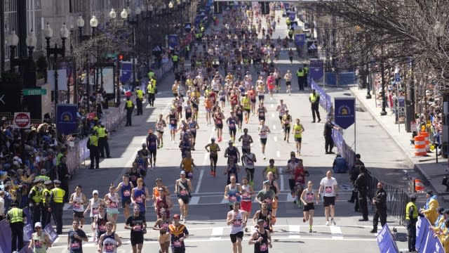 Runners approach the finish line at the Boston Marathon, Monday, April 15, 2024, in Boston.