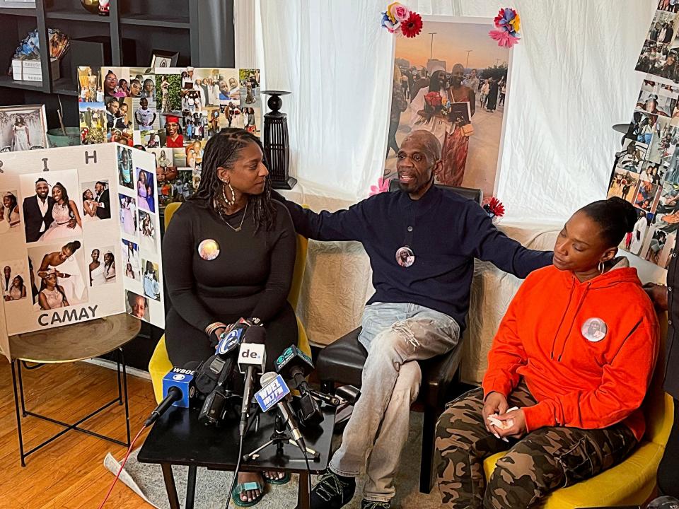 Martin De Silva, center, speaks to the media on Thursday, April 25, 2024, in Wilmington following the death of his granddaughter, Camay De Silva, who was fatally shot while visiting Delaware State University on Sunday, April 21. He is joined by his daughters, Shanelle De Silva, left, Camay's mother, and Charlotte De Silva Davis, right, Camay's aunt.