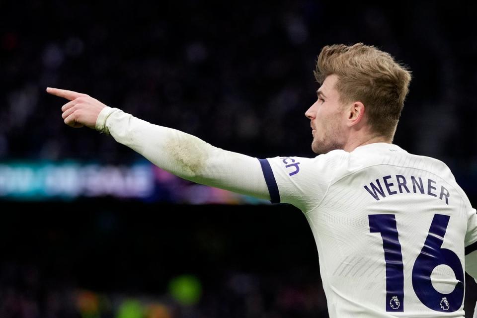 Timo Werner scored for Tottenham against Crystal Palace but also had a glaring miss (AP)