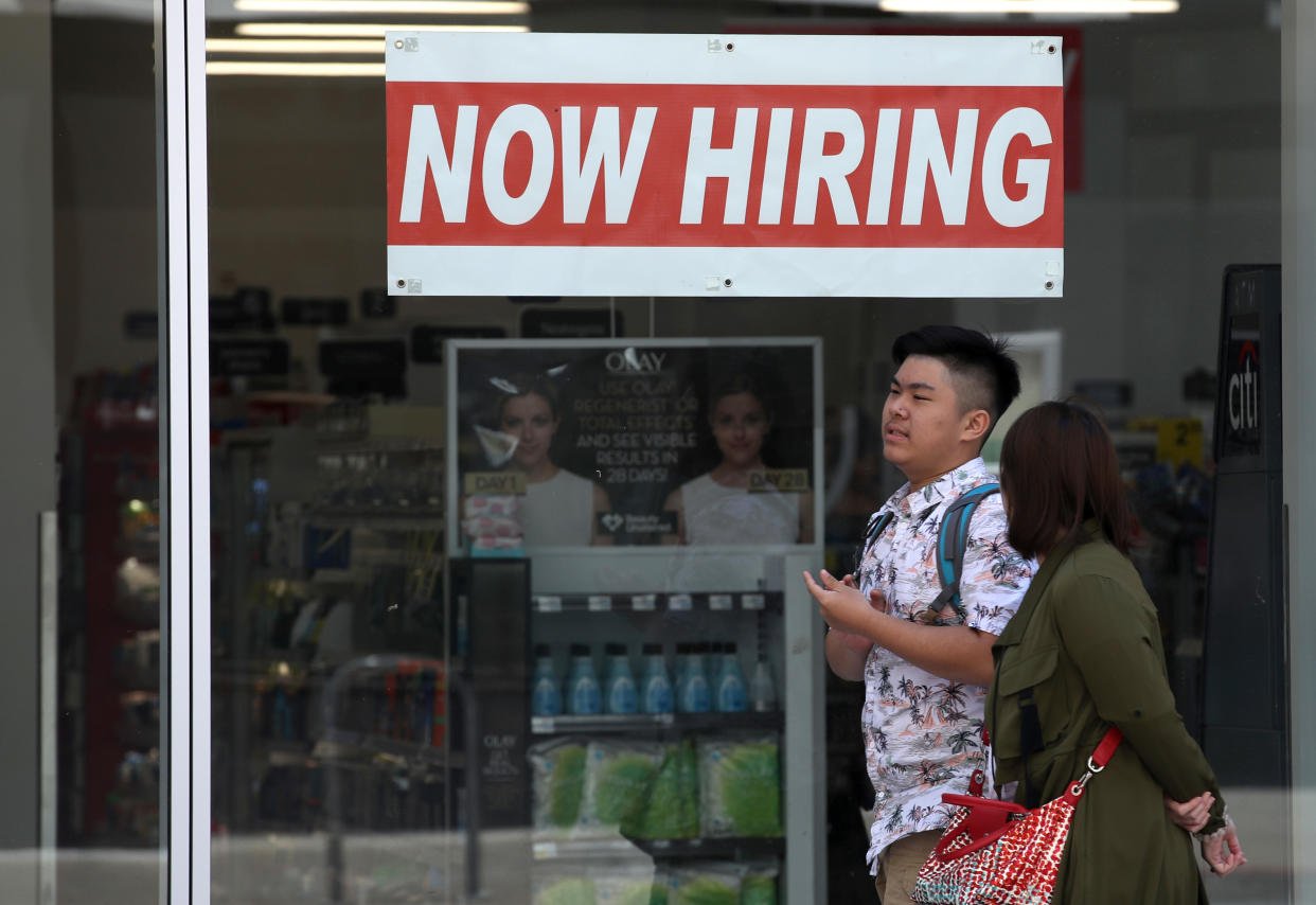 SAN FRANCISCO, CALIFORNIA - JUNE 07: A now hiring sign is posted in the window of a CVS store on June 07, 2019 in San Francisco, California. According to a report by the U.S. Labor Department, The U.S. economy added 75,000 jobs in May compared to the 224,000 jobs that were added in April. The unemployment rate remained at 3.6 percent, a five decade low.(Photo by Justin Sullivan/Getty Images)