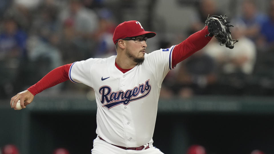 Texas Rangers starting pitcher Dane Dunning throws to a Detroit Tigers batter during the first inning of a baseball game in Arlington, Texas, Wednesday, June 28, 2023. (AP Photo/LM Otero)