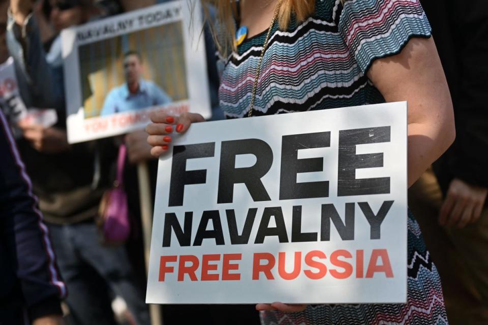 Protesters show their support for Navalny on his 47th birthday earlier this year outside the Russian embassy in London (AFP via Getty)