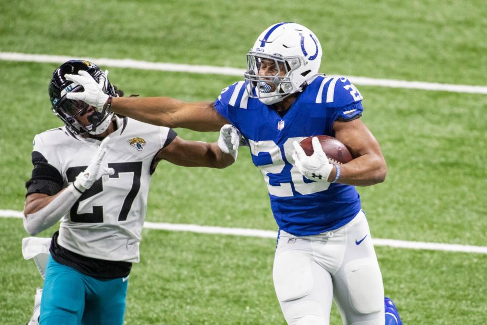 Colts running back Jonathan Taylor led the NFL with 1,811 rushing yards last season, 552 more than runner-up Nick Chubb.
