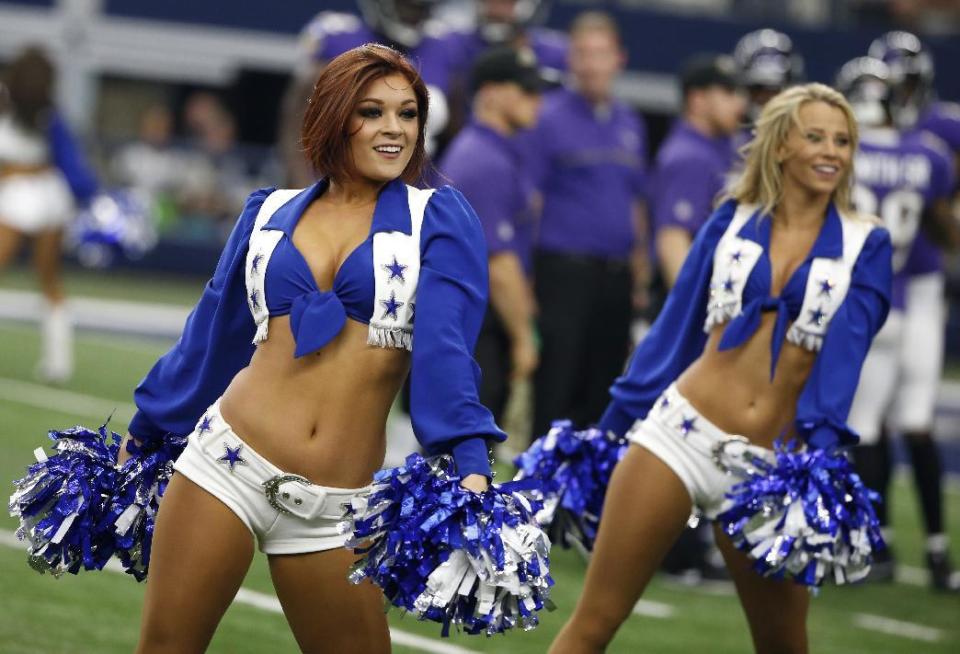 <p>The Dallas Cowboys Cheerleaders perform in the first half of an NFL football game against the Baltimore Ravens on Sunday, Nov. 20, 2016, in Arlington, Texas. (AP Photo/Ron Jenkins) </p>