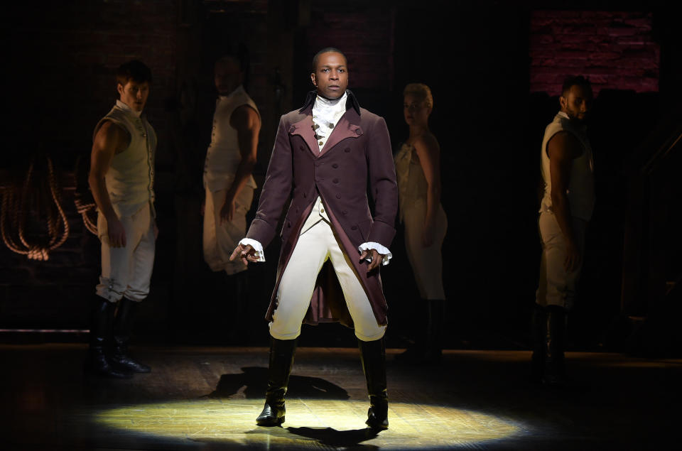 NEW YORK, NY - FEBRUARY 15:  Actor Leslie Odom, Jr. performs on stage during 'Hamilton' GRAMMY performance for The 58th GRAMMY Awards at Richard Rodgers Theater on February 15, 2016 in New York City.  (Photo by Theo Wargo/Getty Images)