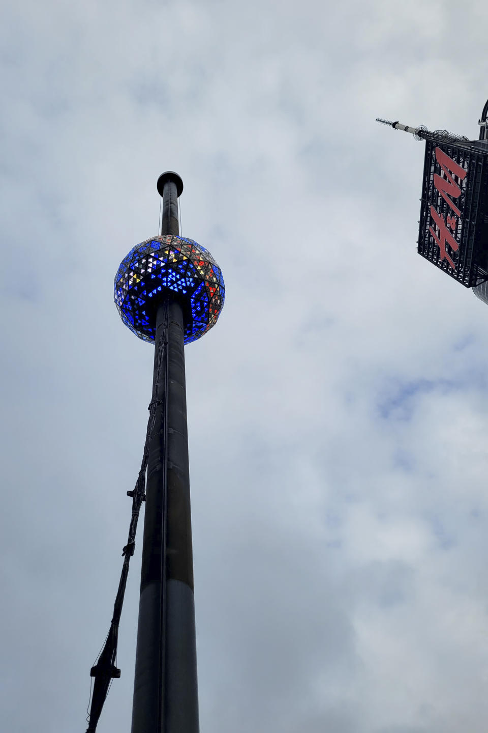 The New Year's Eve ball is shown in Times Square on Saturday, Dec. 30, 2023 in New York. With throngs of revelers set to usher in the new year under the bright lights of Times Square, officials and organizers say they are prepared to welcome the crowds and ensure their safety. (AP Photo/Julie Walker)