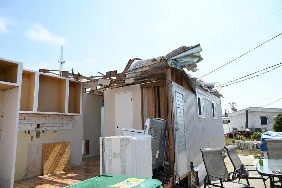 Steve and Sue Lesky figure a tornado that was spawned in the northern eyewall of Hurricane Ian peeled off the top of their manufactured home “like a sardine can.” This is what remains of the kitchen of their home on Moss Drive.