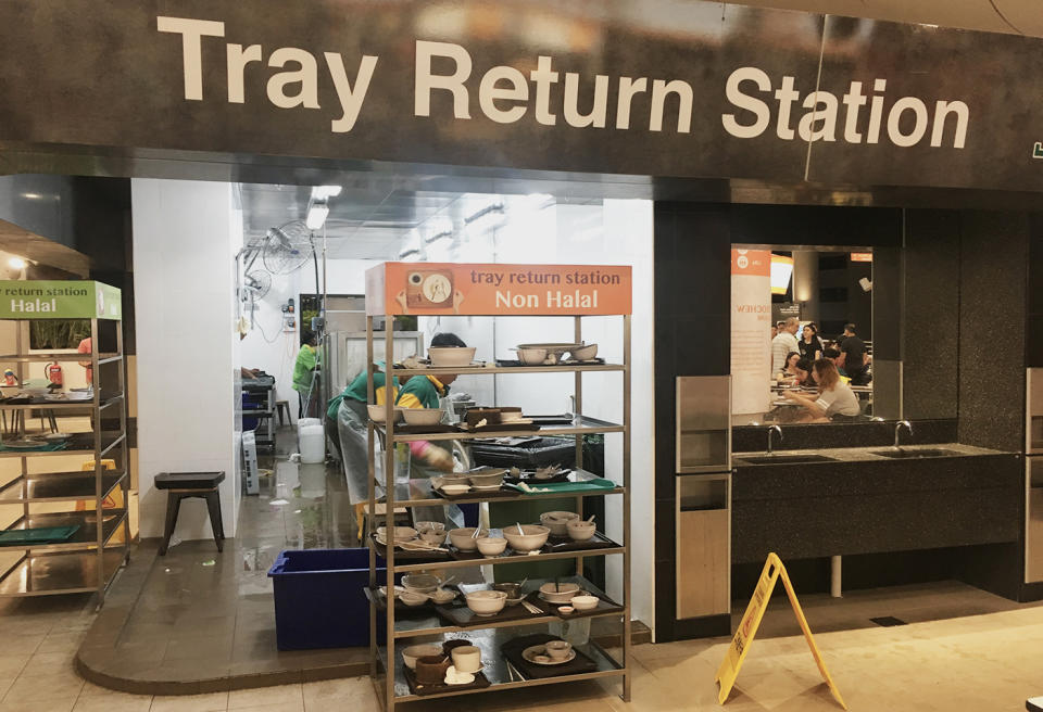 A tray station at Kampung Admiralty Hawker Centre. (Photo: Gabriel Choo / Yahoo Lifestyle Singapore)