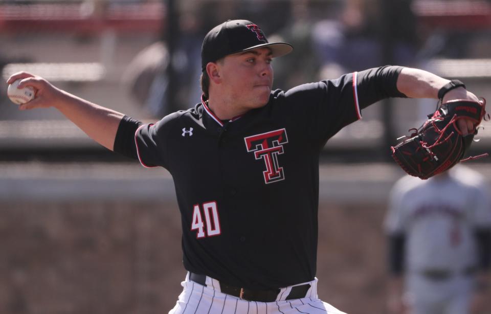 Texas Tech's Brendan Girton (40) pitches against Gonzaga, Friday, Feb. 17, 2023, at Dan Law Field in Rip Griffin Park. 