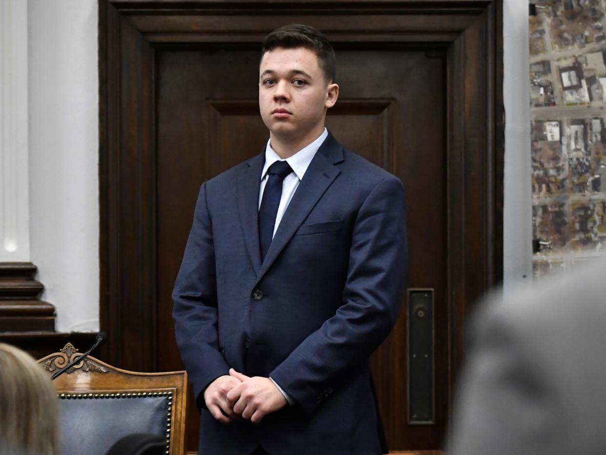 Kyle Rittenhouse waits for the jury to enter the room to continue testifying during his trial at the Kenosha County Courthouse on November 10, 2021 in Kenosha, Wisconsin.