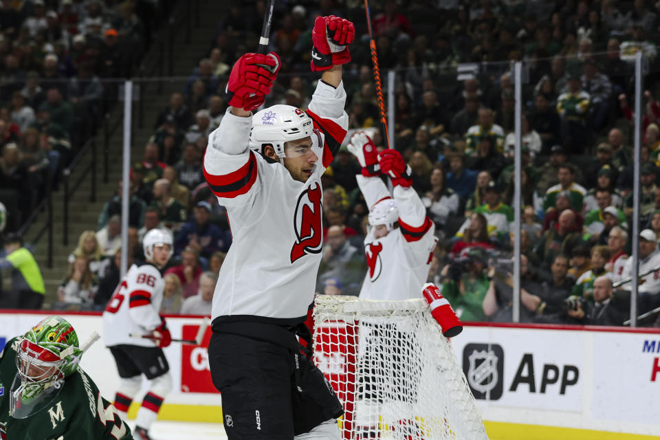 New Jersey Devils right wing Timo Meier (28) celebrates after his powerplay goal against the Minnesota Wild during the second period of an NHL hockey game, Thursday, Nov. 2, 2023, in St. Paul, Minn. (AP Photo/Matt Krohn)