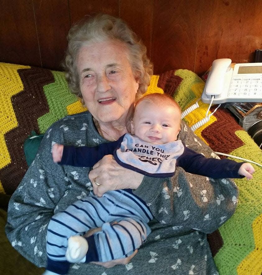 Oddfrid Tokle, known as 'Mor Mor' (mother's mother in Norwegian), with youngest great-grandchild. Tokle, 98, died in a house fire in the Lake Telemark section of Rockaway Township on April 18, 2022.