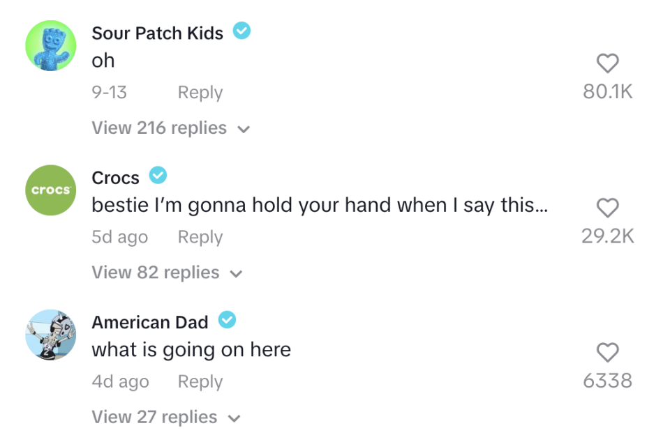 Comments by verified users: Sour Patch Kids: "oh"; Crocs: "bestie I'm gonna hold your hand when I say this..."; American Dad: "what is going on here"