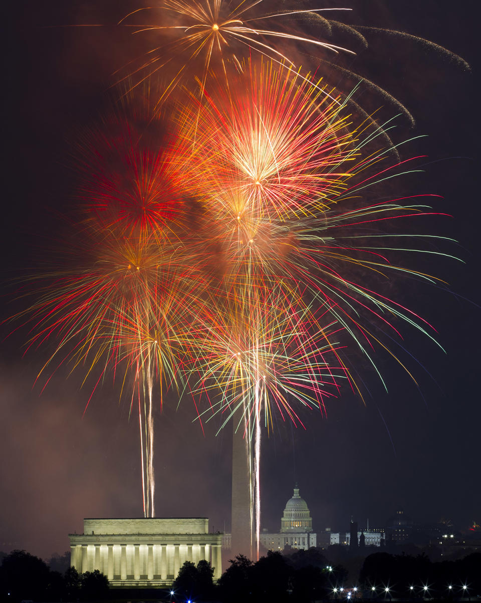 <p>Fireworks explode over the Lincoln Memorial, left, Washington Monument, center, and U.S. Capitol, at the National Mall in Washington, Tuesday, July 4, 2017, during the Fourth of July celebration. (AP Photo/Jose Luis Magana) </p>