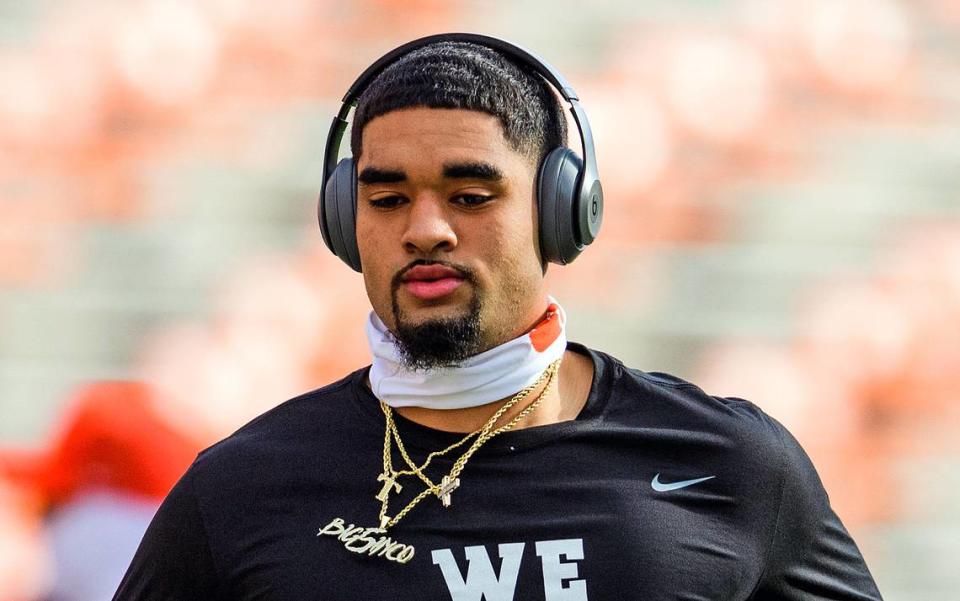 Clemson quarterback D.J. Uiagalelei (5) before the October 2020 game against Boston College.