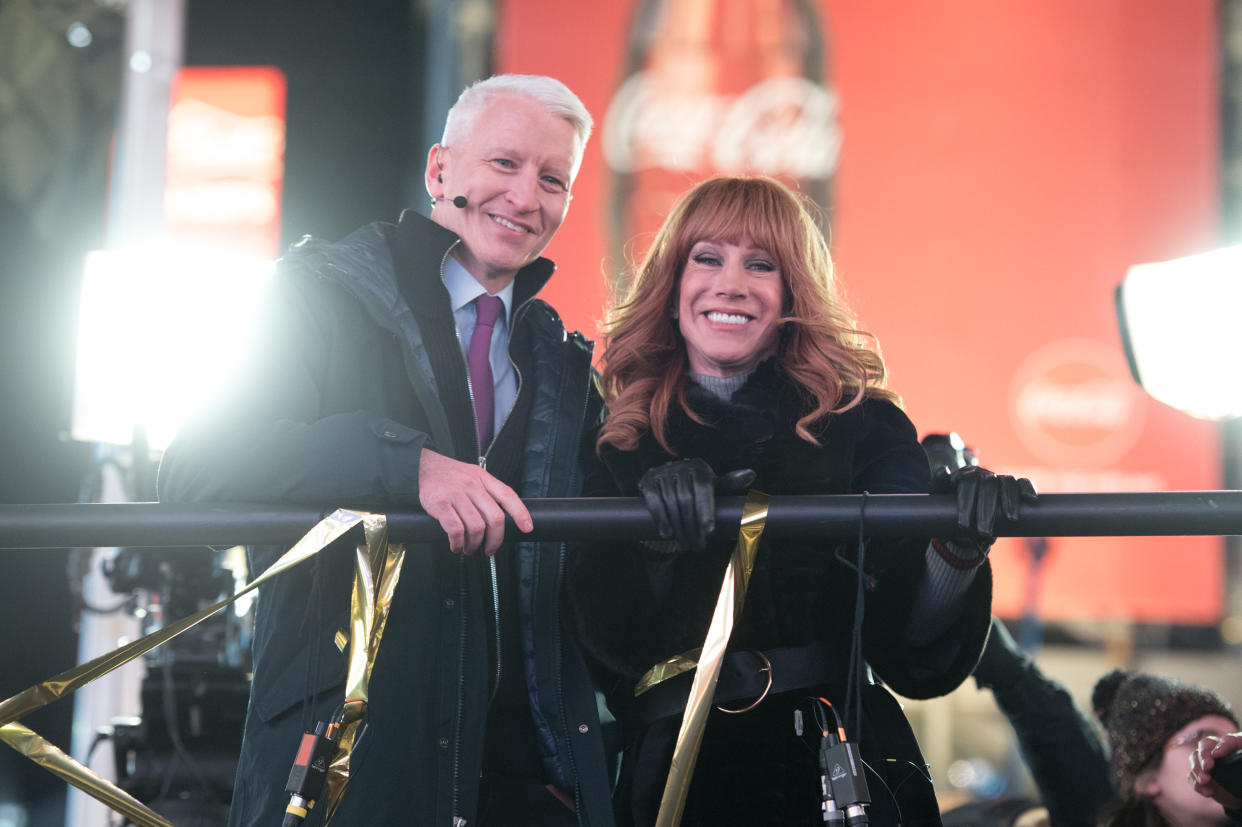 NEW YORK, NY - DECEMBER 31:  (L-R) Anderson Cooper and Kathy Griffin host 'New Year's Eve Live' on CNN during New Year's Eve 2017 in Times Square on December 31, 2016 in New York City.  (Photo by Noam Galai/FilmMagic)