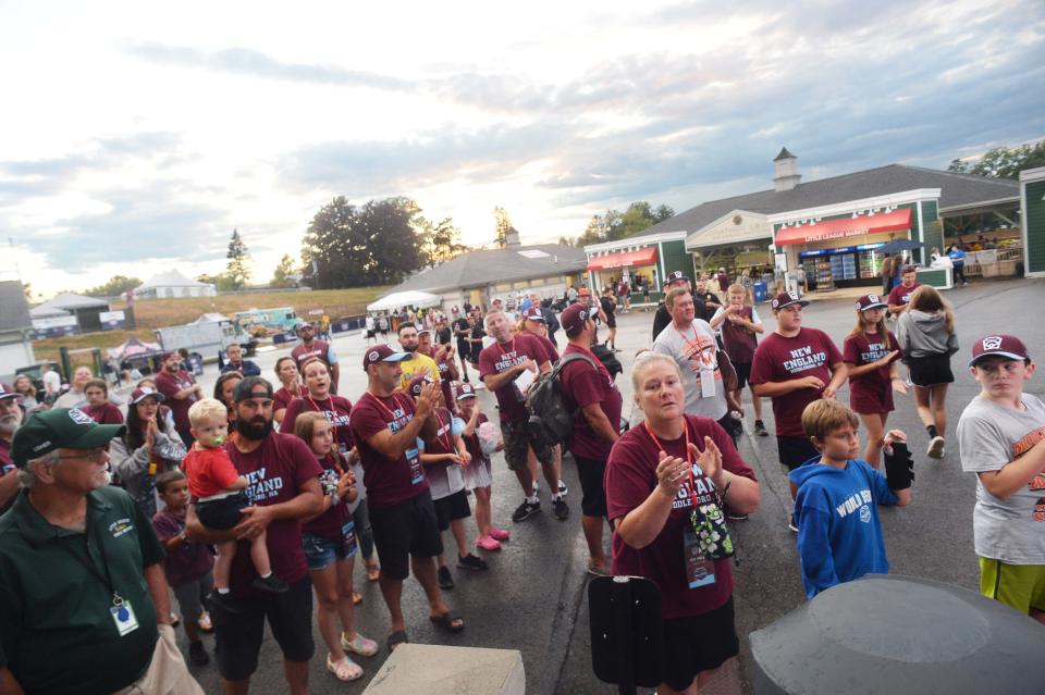 Family and friends cheer for Middleboro 12U Nationals (New England) players after a game versus Nolensville, Tennessee (Southeast) at Howard J. Lamade Stadium at the Little League World Series in South Williamsport, PA on Wednesday, August 17, 2022.    