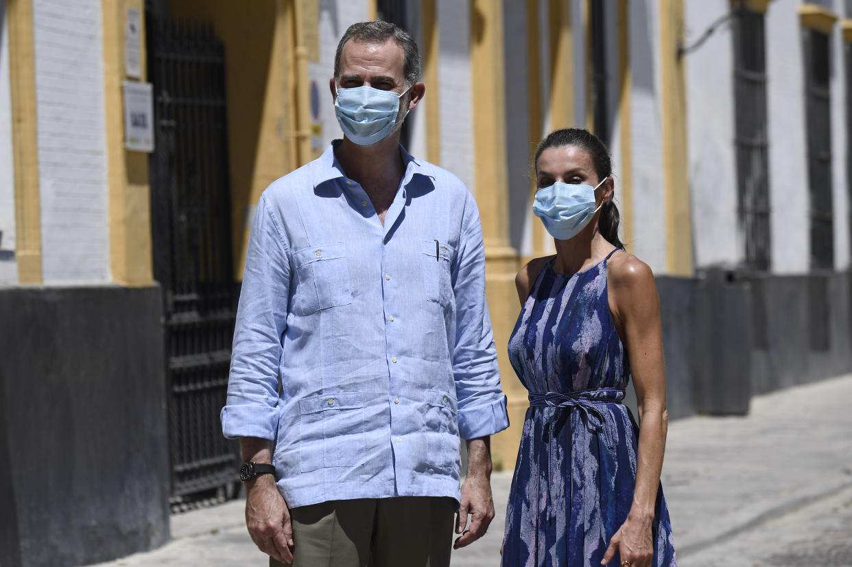 SEVILLE, SPAIN - JUNE 29: King Felipe of Spain and Queen Letizia of Spain during a visit to the Tres Mil Viviendas neighborhood on June 29, 2020 in Seville, Spain. This trip is part of a royal tour that will take King Felipe and Queen Letizia through several Spanish Autonomous Communities with the objective of supporting economic, social and cultural activity after the Coronavirus outbreak. (Photo by Carlos Alvarez/Getty Images)