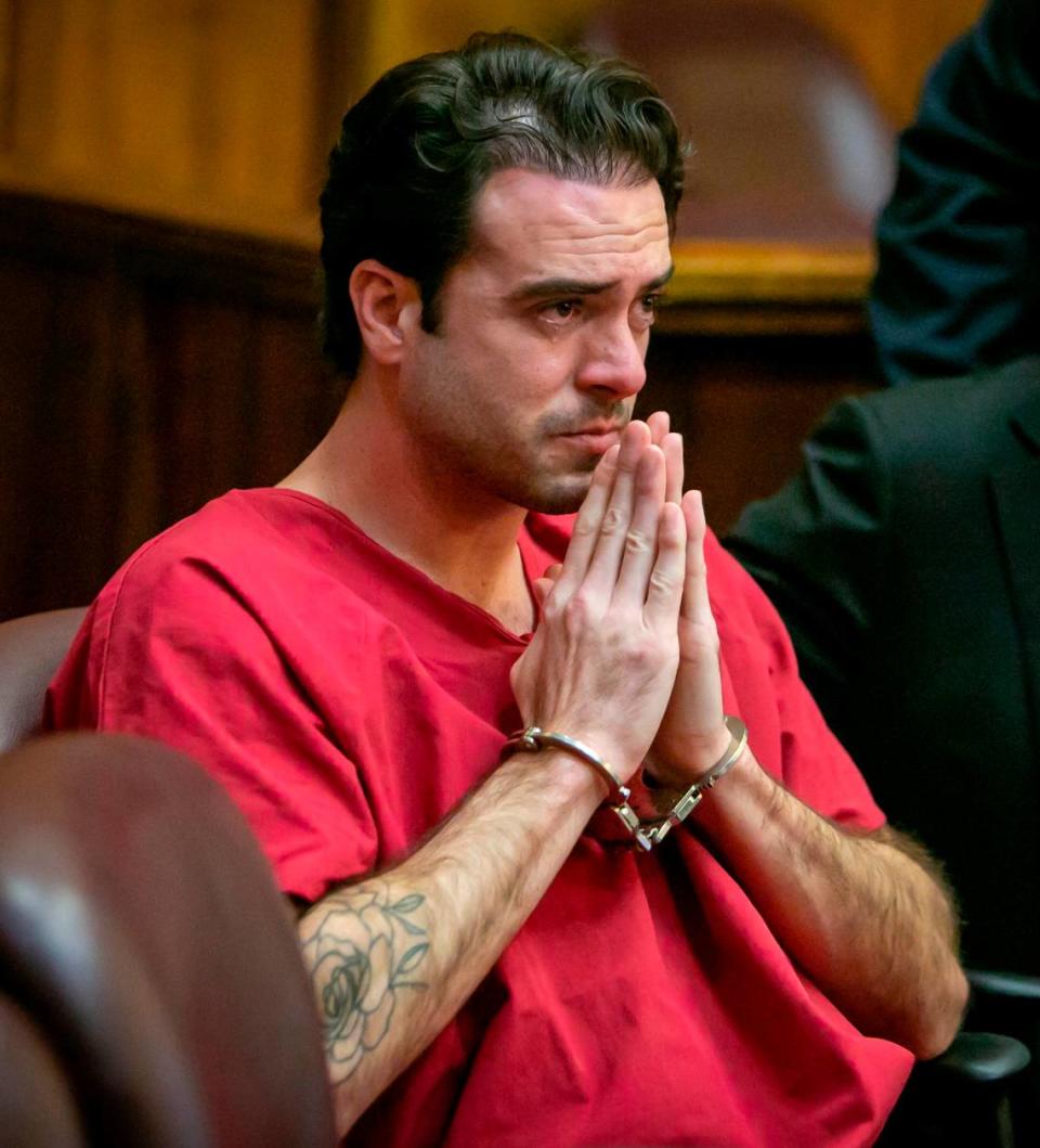 Pablo Lyle tries to regain his composure after reading a statement in court apologizing to the Hernandez family during his sentencing in Miami Dade Criminal Court on Feb. 3, 2023, in Miami, Fla. Lyle killed 63-year-old Juan Ricardo Hernandez during a road rage incident in 2019 and was convicted of manslaughter in October, 2022.