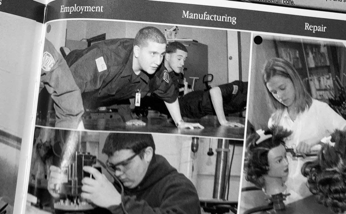 Bryan Kohberger, upper left, pictured in a 2010-11 Pleasant Valley High School yearbook photo as a sophomore, takes part in a law enforcement class at the Monroe Career & Technical Institute in Monroe County, Pennsylvania.