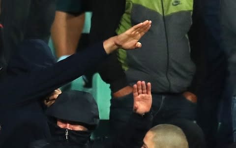 Bulgarian fans gesture during the UEFA Euro 2020 qualifier - Credit: GETTY IMAGES