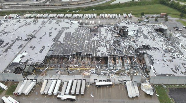 Severe tornado damage to the Mead Johnson Nutrition building in Mt. Vernon, Indiana after a twister on July 9, 2024.