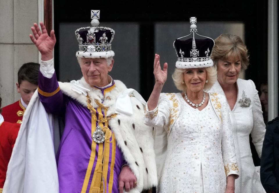 King Charles and Queen Camilla on the Buckingham Palace balcony.