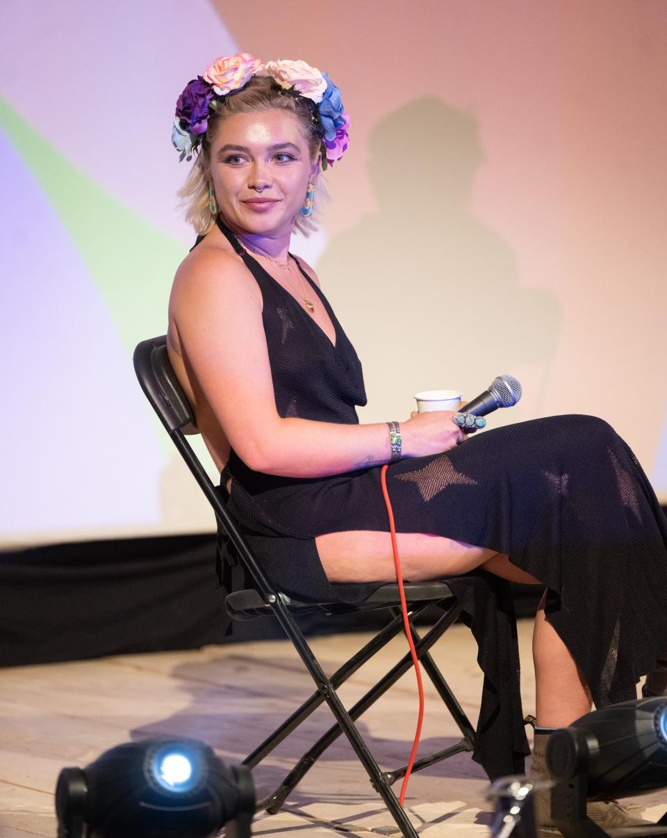 <h1 class="title">Florence Pugh Was Serving Midsommar During a Q&A Session at Glastonbury 2024 — See Photo</h1><cite class="credit">Samir Hussein</cite>