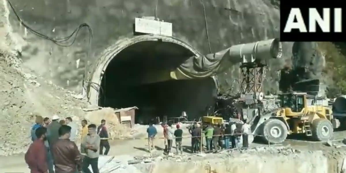 Workers became trapped after an under-construction tunnel collapses in Uttarakhand, India (Screengrab/ANI)